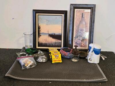 Large Mixed Household Lot: Framed Art, Cast Iron Skillet, Waterpik, d-CON Trays & More