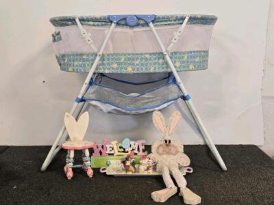 Portable Folding Baby Bassinet, Blue with Green/Yellow Shapes, Mesh Storage, Mickey and Minnie Antique Figurines, Play Toy Easter Bunny Chair, Bunny Decor, Welcome Art, Tray