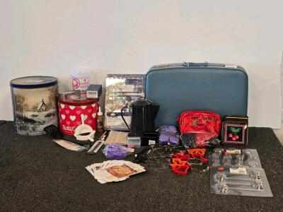 Mixed Lot Vintage Kitchenware Art Supplies Collectible Tins Cutters & Blue 24" Suitcase