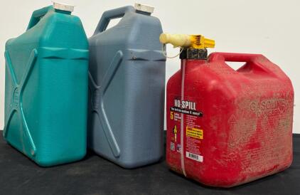 No-Spill 5 Gallon Gasoline Can with Push-Button Spout & 2 Reliance 6.5 Gallon Water Containers