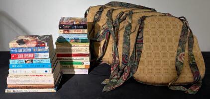 Set of 4 Light Yellow/Gold Seat Cushions & Collection Of Books