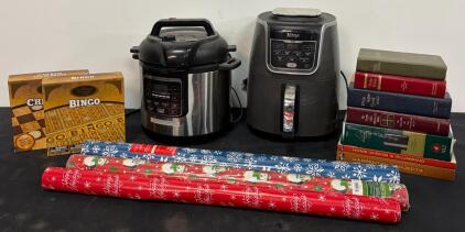 Mixed Lot: Ninja Kitchen Appliances, 7 Hardcover Books, Board Games, and Holiday Wrapping Paper