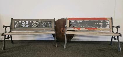 Two Vintage Cast Iron & Wood Park Benches with Animal and Circus Motifs + 36" Sawmill Blade