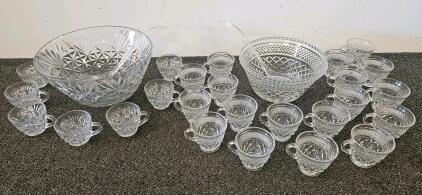 Two Glass Punch Bowl Sets with Cups and Ladles, Clear Pressed Glass, 9-Piece and 19-Piece Sets