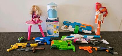 Large Lot: Multiple Foam Dart Blasters, 18" Doll & Stool, Rival IS450 Deluxe Ice Shaver