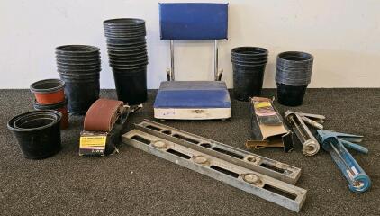 Workshop Mixed Lot: 30+ Plant Pots, Stanley 24" Level, Caulk Guns, Craftsman Sanding Belts, Stool