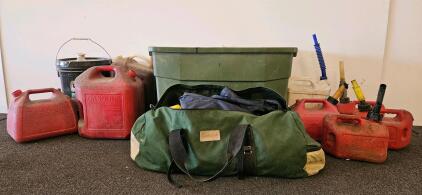 Mixed Outdoor Gear & Gasoline Can Lot &ndash; Cabela&rsquo;s Bag, Rain Gear, Multiple Fuel Jugs