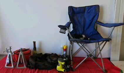 Automotive Jack Stands, Nissan Bottle Jack, Camping Chair, Sander, Extension Cord, Porta-Pak Lot