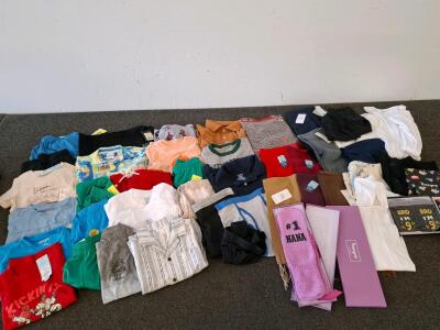 Bulk Lot of 40+ New & Like New Kids & Mens Clothing: Tees, Shorts, Scarves, Socks, Major Brands