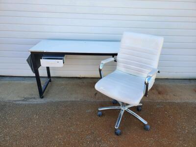 White Laminate Office Desk with Drawer & Side Organizer + White Executive Chair, Metal Frame
