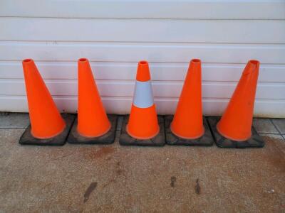 Five Orange 18" Traffic Cones with Weighted Bases &ndash; One Reflective, Assorted Condition with Cracks