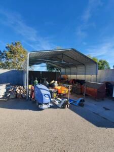 Used Metal Carport, Approx. 20x20x10ft, Galvanized Steel, Light Gray CARPORT ONLY Need to be disassembled