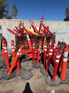 Lot of ~40 42" Orange Channelizer Delineator Posts w/ 10 lb Rubber Bases, Double Reflective Bands