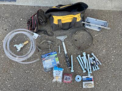 Mixed Lot of Construction and Plumbing Tools & Hardware &ndash; Tool Bag, Ratchet Strap, Hose, Hand Scraper, PEX Adapter