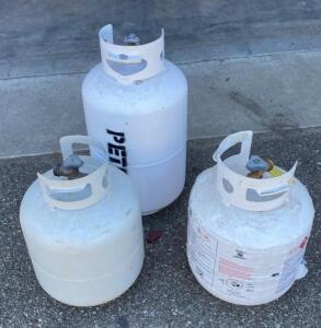 Three 20 lb Steel OPD Propane Tanks, Type 1 Valve, Standard BBQ Size, Used Condition ( Bay 2 )