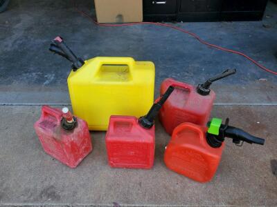 Scepter & Blitz 2-Gallon Gas Cans (Red) & 5-Gallon Diesel Can (Yellow) w/ Spill-Proof Spouts Unknown Liquid