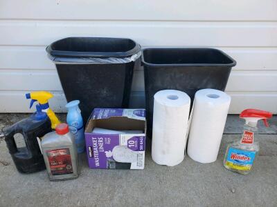 Mixed Lot Janitorial Supplies: Trash Cans, Liners, Paper Towels, Cleaner, Degreaser, Chalk, Oil