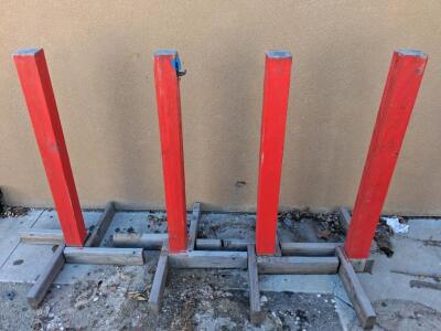 Sturdy Wooden Bicycle Rack, 4-Bike Capacity, Red Uprights, Freestanding Outdoor Design