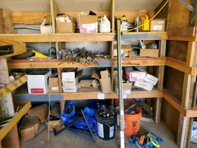 Construction Hardware Lot: Kirkwood Fasteners, U-Bolts, Blue Chains, Industrial Shelving, Tools