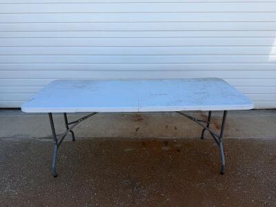 6-Foot Folding Banquet Table, Center-Fold, White Plastic Top, Metal Frame, Handle, Visible Damage