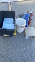 Assorted Surplus Lot: Fire Extinguisher, Large Storage Tote with Boxes, Electrical Boxes, Bucket & Wrap