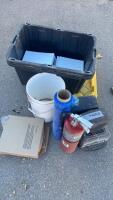 Assorted Surplus Lot: Fire Extinguisher, Large Storage Tote with Boxes, Electrical Boxes, Bucket & Wrap - 2