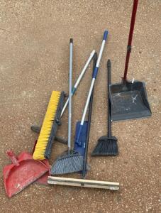 Large Lot Commercial Brooms, Dustpans, Push Broom, Squeegee, Mop w/ Handles, Bona Head - bay3