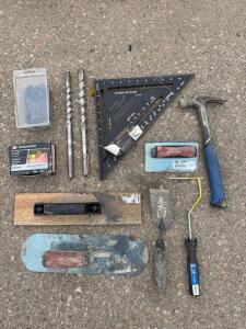 Lot of 11 Masonry & Construction Hand Tools: Johnson Square, Kobalt Hammer, Floats, Screws