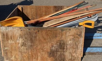 Assorted Outdoor Hand Tools: Snow Shovels, Leaf & Garden Rakes, Brooms, Squeegee, Mixed Lot With Container ( Carport )