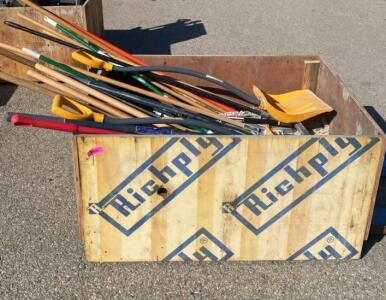 Large Lot of Assorted Hand Tools &ndash; Snow Shovels, Post Hole Digger, Brooms, & Mops, Approx. 15 Pcs with Container ( Carport )