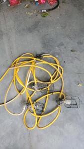 3-Head Jobsite String Work Lights, 25&ndash;50 ft Yellow Cord, Metal Cages, E26 Sockets, Bulbs Included