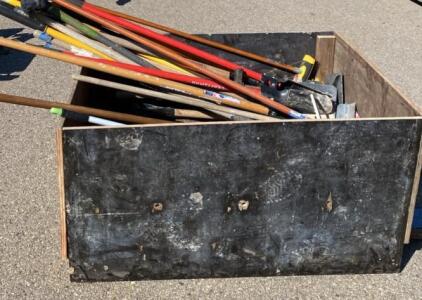 Large Lot: Ames, Garant, Truper Hand Tools &ndash; Shovels, Sledgehammers, Brooms, Scrapers, Wood/Fiberglass with Container ( Carport)