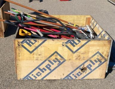 Bulk Lot of 14 Assorted Snow Shovels, Pushers, Brooms & Scrapers - Mixed Brands & Types, Used with Container ( Carport )