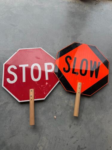 Handheld 18" STOP/SLOW Paddle Sign, Reflective, Wood Handle, MUTCD Compliant, Double-Sided