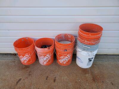 8 Home Depot & Interior Supply 5 Gallon Plastic Buckets, Orange & White, Used, With Handles