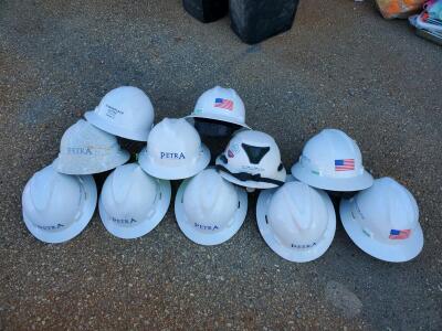 11 White Hard Hats, PETRA Company Branding, Ratchet Suspension, US Flag Stickers, Used Condition