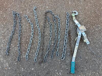 7 Heavy-Duty Steel Chains & Manual 2-Ton Cable Puller&mdash;6ft Lengths, Varied Condition