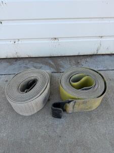 Pair of Flat Hook Cargo Tie-Down Straps, 4" x 30', Polyester Webbing, 5,400 lbs WLL, Beige & Yellow