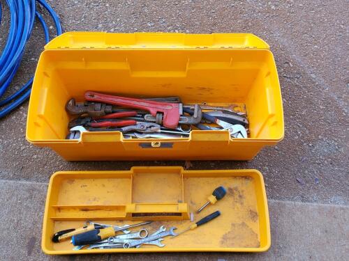 Yellow Plastic Toolbox with Assorted Hand Tools - Wrenches, Pliers, Screwdrivers, Pittsburgh, Stanley