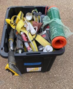HDX 27-Gallon Tough Storage Tote with Mixed Construction Tools and Supplies - bay 3