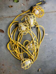 Contractor String Work Lights, 5 LED Sockets, 50 ft 12/3 Cord, Plastic Yellow Cages, Outdoor Rated