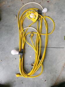 Temporary Jobsite String Work Light Set, 3 Lamp Holders, 25-50 ft Yellow 14/3 SJTW Cord