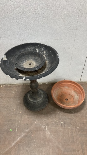 Metal Birdbath, Orange Pottery Flower Pot