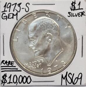 1973-S Eisenhower Silver Dollar Coin, 40% Silver, GEM MS69, Rare Key Date