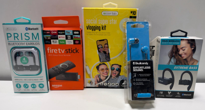 New Electronic Lot: Billboard True Wireless Sport Earphones, Fire Stick Skull Candy earphones, Selfie Light w/ Clamp