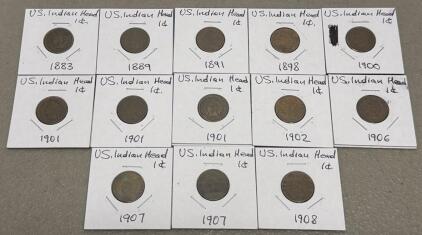 Indian Head Penny Lot: 13 Coins, 1883&ndash;1908, Bronze, Circulated, US 1&cent;, Longacre Design, 95% Copper