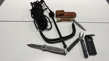 Outdoor Survival Tool Lot: MILSPEC Knife, Vintage Folder, Multi-Tool, Grappling Hook & Rope