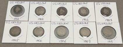 10 Coin 1898&ndash;1910 Liberty V Nickel Collection, US 5&cent;, Copper-Nickel, Barber Design