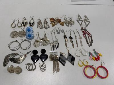 Lot of 25+ Pairs Vintage 1980s&ndash;1990s Dangle, Hoop, Clip-On & Stud Earrings, Mixed Materials, Bold Styles