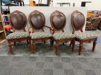 Set of 4 Ornate Wood Dining Chairs, 1 Armchair, Upholstered Patterned Seats & Brown Backs